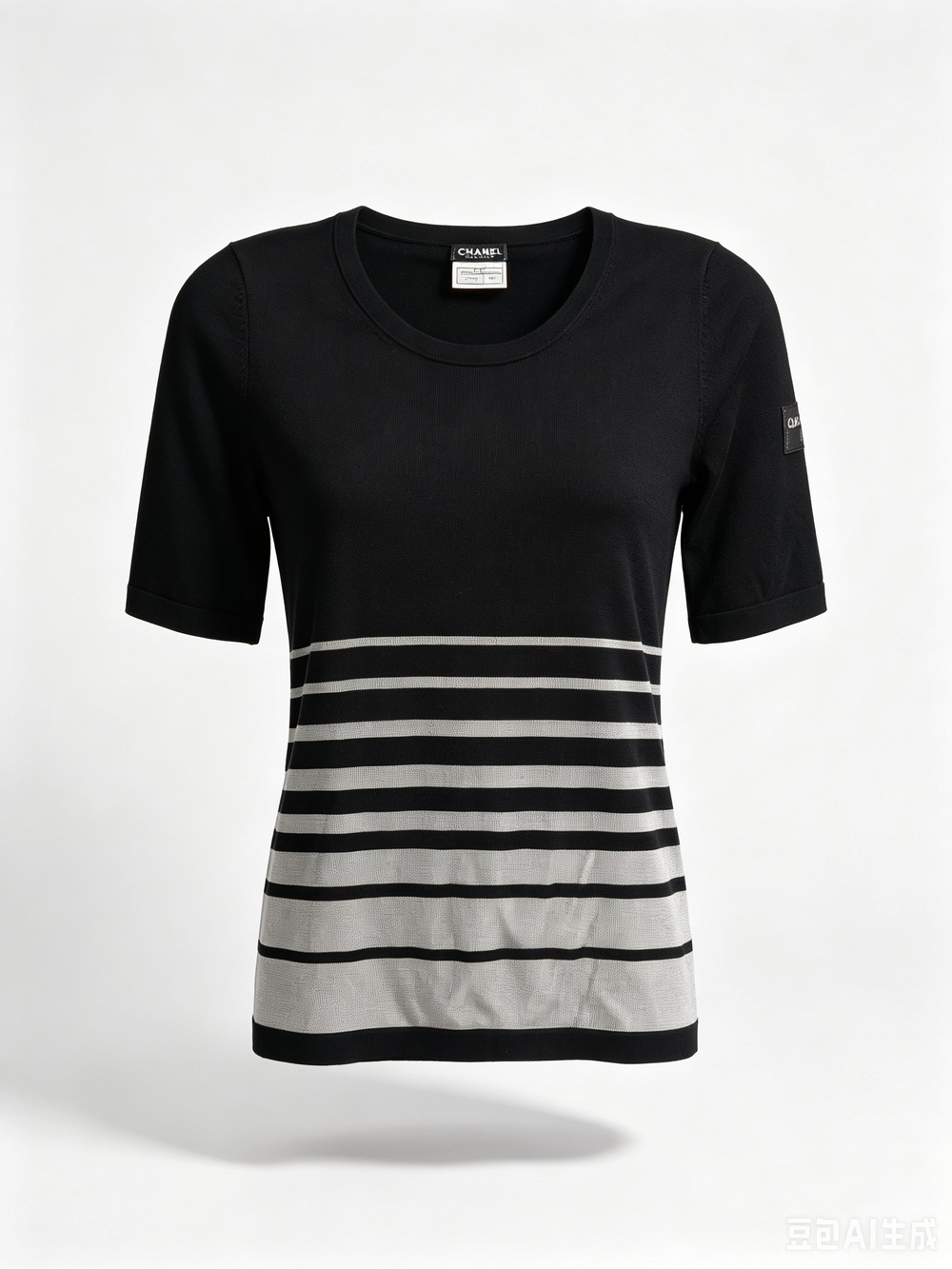 CHANEL Black and Gray Striped Short Sleeve Knit Top